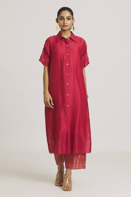 Shop_Urvashi Kaur_Red Striped Tissue Silk Pattern Pant _at_Aza_Fashions