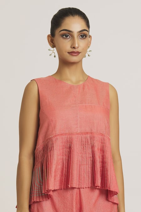 Urvashi Kaur_Coral Tissue, Silk Round Neck Stripe Pattern Peplum Top _Online_at_Aza_Fashions