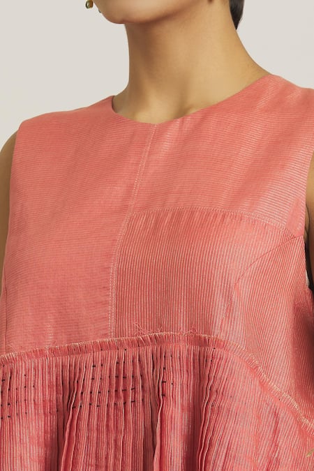 Buy_Urvashi Kaur_Coral Tissue, Silk Round Neck Stripe Pattern Peplum Top _Online_at_Aza_Fashions