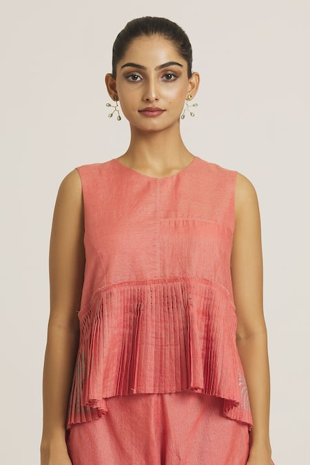 Shop_Urvashi Kaur_Coral Tissue, Silk Round Neck Stripe Pattern Peplum Top _Online_at_Aza_Fashions