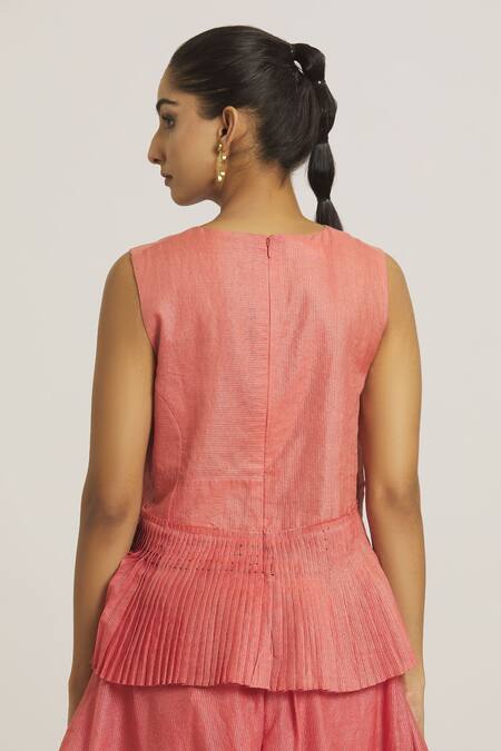 Shop_Urvashi Kaur_Coral Tissue, Silk Round Neck Stripe Pattern Peplum Top _at_Aza_Fashions