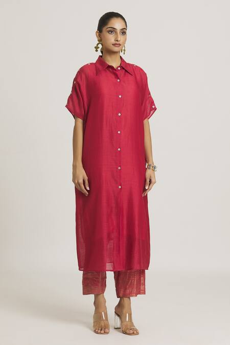 Urvashi Kaur_Red Chanderi Silk Shawl Neck Button Down Shirt Dress _Online_at_Aza_Fashions