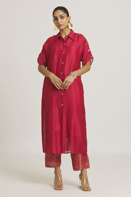 Buy_Urvashi Kaur_Red Chanderi Silk Shawl Neck Button Down Shirt Dress _Online_at_Aza_Fashions