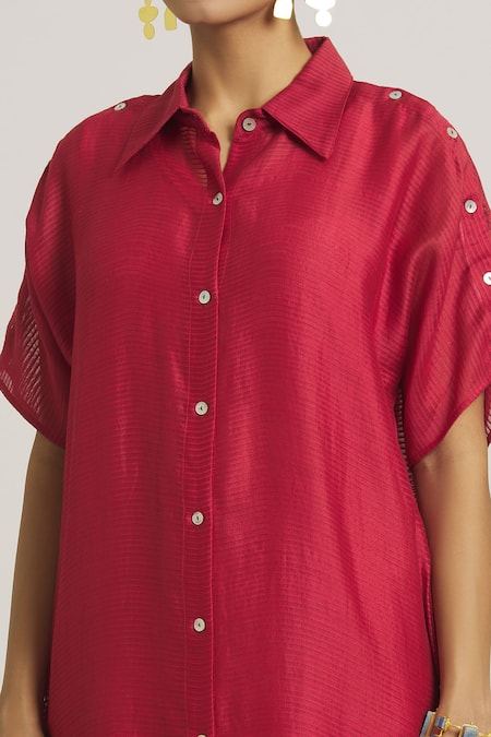 Shop_Urvashi Kaur_Red Chanderi Silk Shawl Neck Button Down Shirt Dress _Online_at_Aza_Fashions