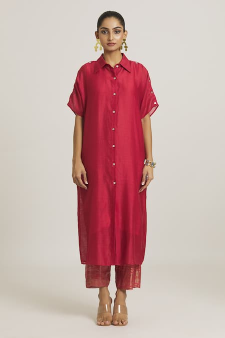 Urvashi Kaur_Red Chanderi Silk Shawl Neck Button Down Shirt Dress _at_Aza_Fashions