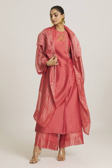 Buy_Urvashi Kaur_Coral Silk, Tissue Open Neck Asymmetric Overlay Jacket _Online_at_Aza_Fashions