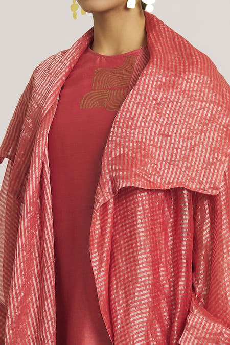 Shop_Urvashi Kaur_Coral Silk, Tissue Open Neck Asymmetric Overlay Jacket _Online_at_Aza_Fashions