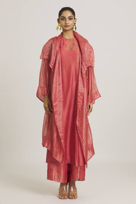 Urvashi Kaur_Coral Silk, Tissue Open Neck Asymmetric Overlay Jacket _at_Aza_Fashions