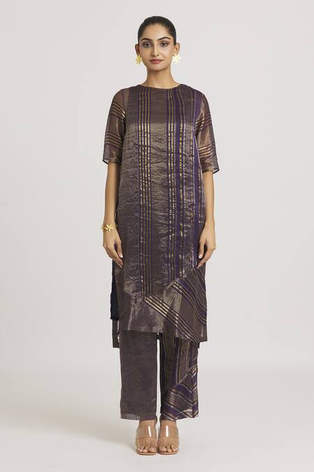Urvashi Kaur_Purple Zari Tissue Silk Woven Stripe Boat Neck Tunic _Online_at_Aza_Fashions