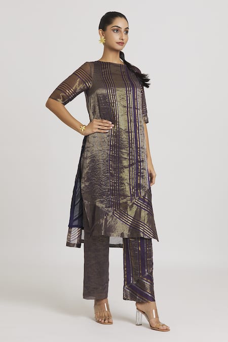 Shop_Urvashi Kaur_Purple Zari Tissue Silk Woven Stripe Boat Neck Tunic _Online_at_Aza_Fashions