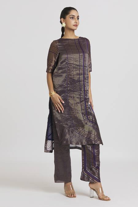 Urvashi Kaur_Purple Zari Tissue Silk Stripe Woven Pant _at_Aza_Fashions