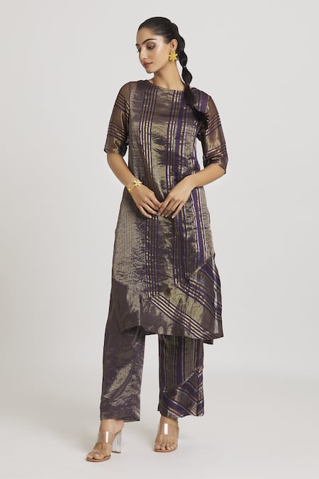 Shop_Urvashi Kaur_Purple Zari Tissue Silk Stripe Woven Pant _at_Aza_Fashions