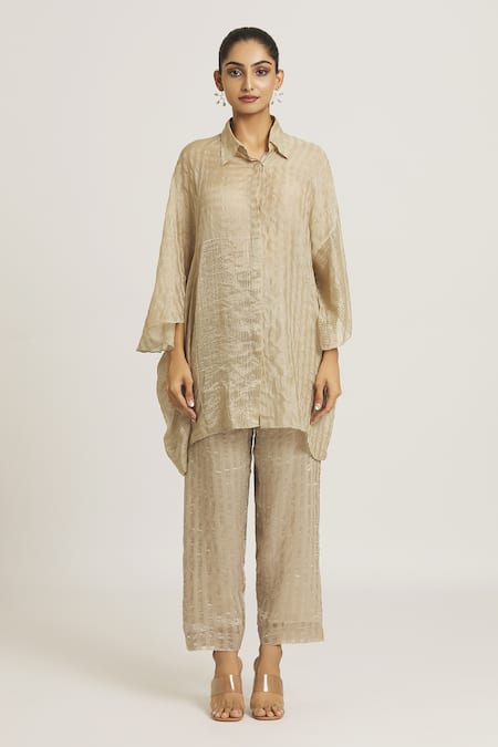 Shop_Urvashi Kaur_Silver Silk, Tissue Collared Stripe Woven Shirt _Online_at_Aza_Fashions