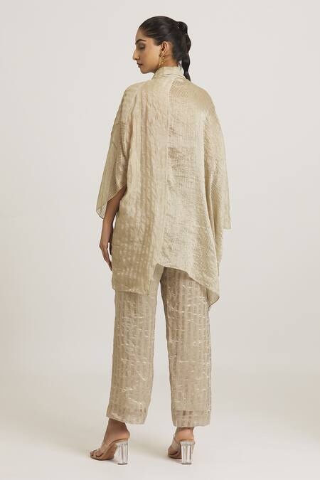 Shop_Urvashi Kaur_Silver Silk, Tissue Collared Stripe Woven Shirt _at_Aza_Fashions