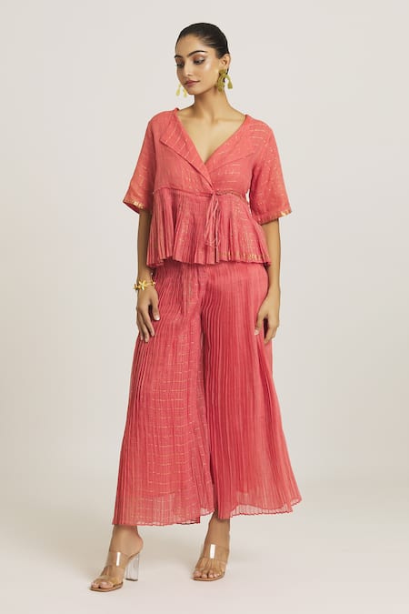 Urvashi Kaur_Coral Silk, Cotton Embroidery Checkered Woven Wide Legged Pant _Online_at_Aza_Fashions