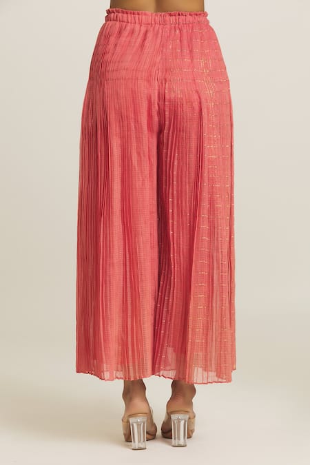 Buy_Urvashi Kaur_Coral Silk, Cotton Embroidery Checkered Woven Wide Legged Pant _Online_at_Aza_Fashions