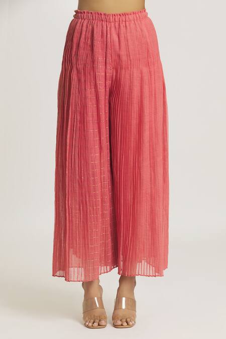Shop_Urvashi Kaur_Coral Silk, Cotton Embroidery Checkered Woven Wide Legged Pant _Online_at_Aza_Fashions