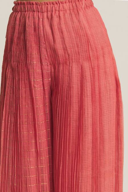 Urvashi Kaur_Coral Silk, Cotton Embroidery Checkered Woven Wide Legged Pant _at_Aza_Fashions