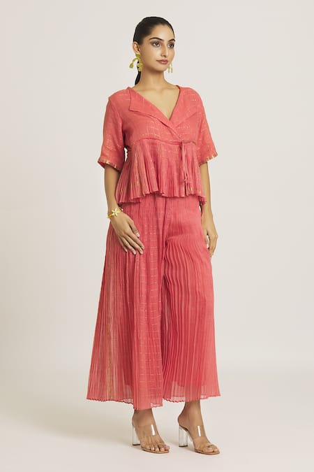 Shop_Urvashi Kaur_Coral Silk, Cotton Embroidery Checkered Woven Wide Legged Pant _at_Aza_Fashions