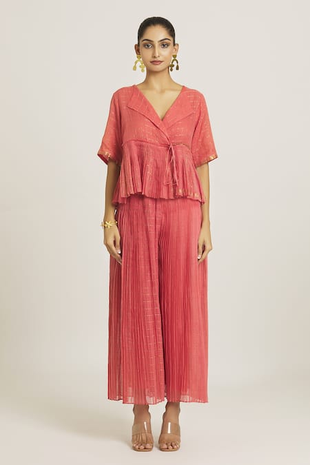 Urvashi Kaur_Coral Silk, Kota Doria Collared Checkered Woven Peplum Top _Online_at_Aza_Fashions
