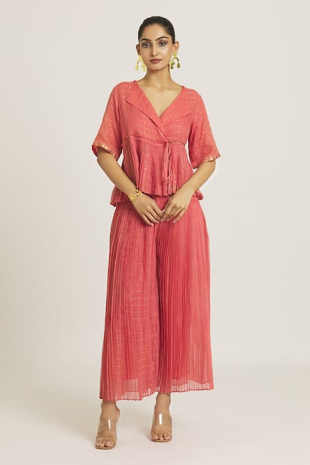 Buy_Urvashi Kaur_Coral Silk, Kota Doria Collared Checkered Woven Peplum Top _Online_at_Aza_Fashions