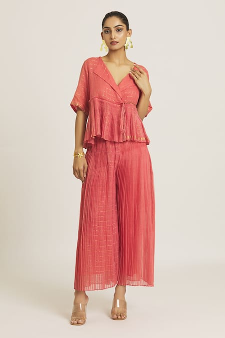 Shop_Urvashi Kaur_Coral Silk, Kota Doria Collared Checkered Woven Peplum Top _Online_at_Aza_Fashions