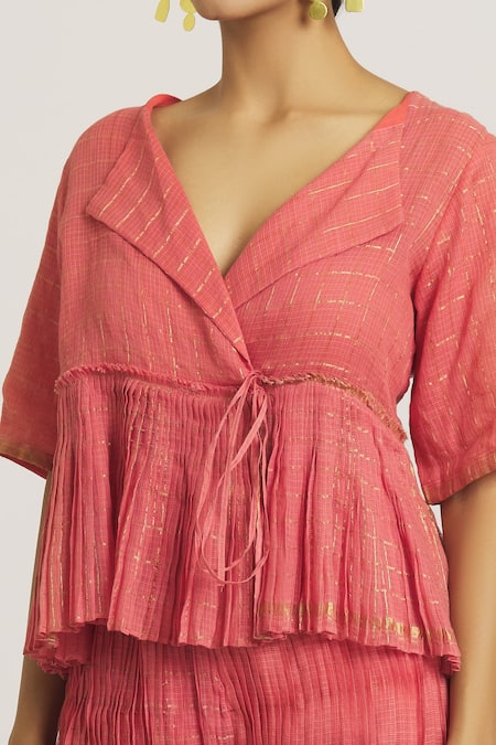 Urvashi Kaur_Coral Silk, Kota Doria Collared Checkered Woven Peplum Top _at_Aza_Fashions