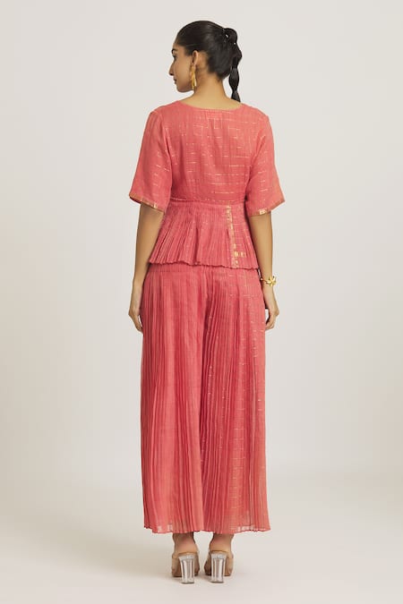Shop_Urvashi Kaur_Coral Silk, Kota Doria Collared Checkered Woven Peplum Top _at_Aza_Fashions