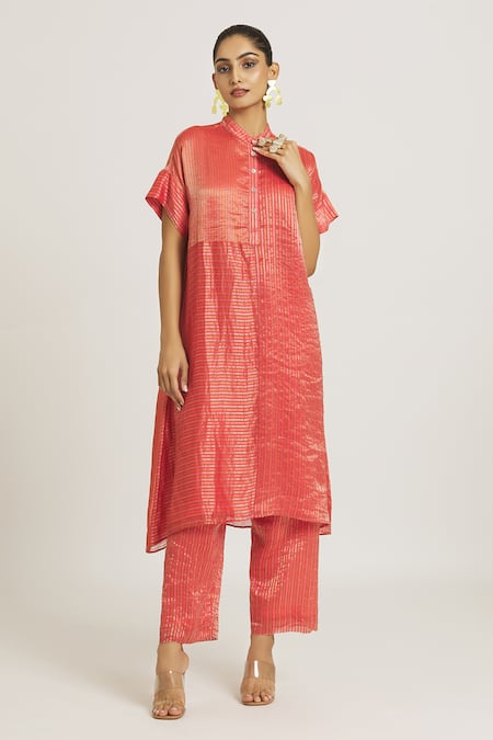 Urvashi Kaur_Coral Silk, Tissue Mandarin Collar Stripe Woven A-line Dress _Online_at_Aza_Fashions
