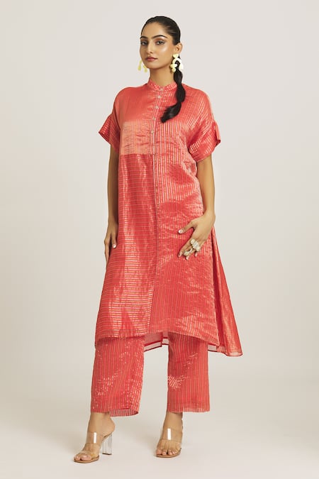 Buy_Urvashi Kaur_Coral Silk, Tissue Mandarin Collar Stripe Woven A-line Dress _Online_at_Aza_Fashions