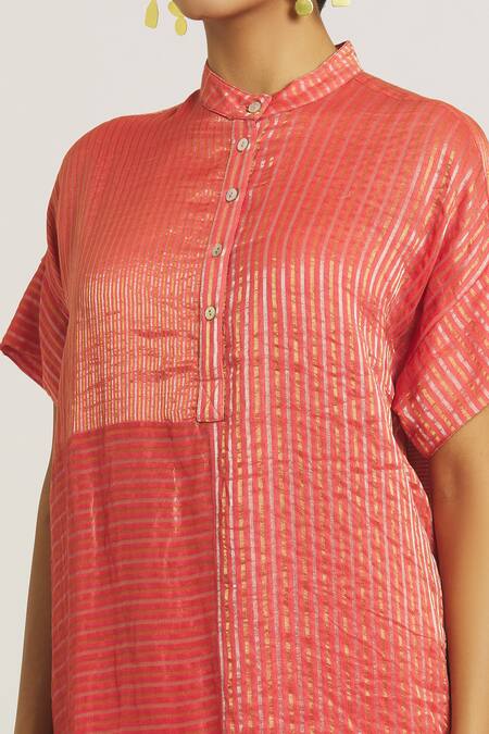 Shop_Urvashi Kaur_Coral Silk, Tissue Mandarin Collar Stripe Woven A-line Dress _Online_at_Aza_Fashions