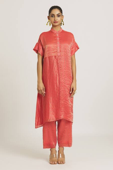 Urvashi Kaur_Coral Silk, Tissue Mandarin Collar Stripe Woven A-line Dress _at_Aza_Fashions