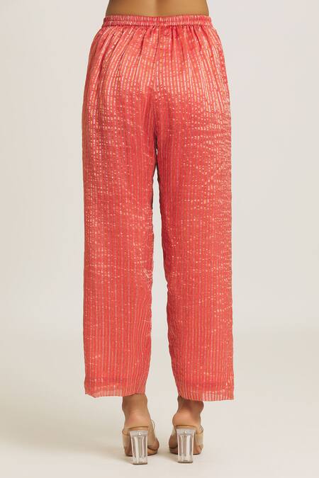 Urvashi Kaur Coral Silk, Tissue Stripe Woven Straight Pant Online at Aza Fashions Urvashi Kaur_Coral Silk, Tissue Stripe Woven Straight Pant _Online_at_Aza_Fashions