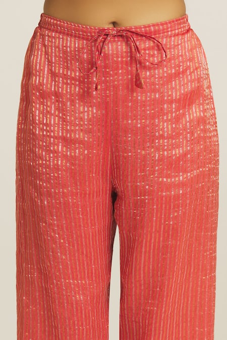Buy Urvashi Kaur Coral Silk, Tissue Stripe Woven Straight Pant Online at Aza Fashions Buy_Urvashi Kaur_Coral Silk, Tissue Stripe Woven Straight Pant _Online_at_Aza_Fashions