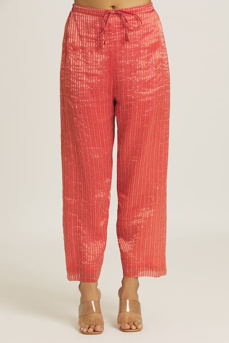 Shop Urvashi Kaur Coral Silk, Tissue Stripe Woven Straight Pant Online at Aza Fashions Shop_Urvashi Kaur_Coral Silk, Tissue Stripe Woven Straight Pant _Online_at_Aza_Fashions