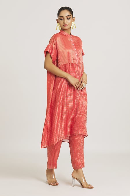Urvashi Kaur Coral Silk, Tissue Stripe Woven Straight Pant at Aza Fashions Urvashi Kaur_Coral Silk, Tissue Stripe Woven Straight Pant _at_Aza_Fashions