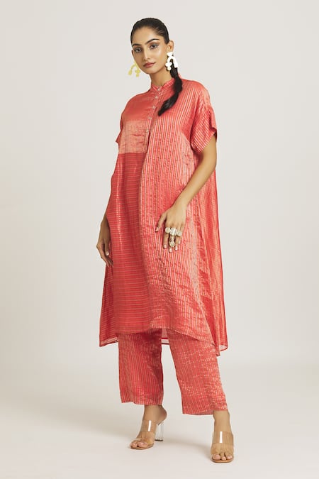 Shop Urvashi Kaur Coral Silk, Tissue Stripe Woven Straight Pant at Aza Fashions Shop_Urvashi Kaur_Coral Silk, Tissue Stripe Woven Straight Pant _at_Aza_Fashions