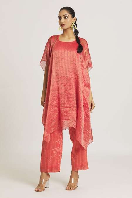 Buy_Urvashi Kaur_Coral Silk, Tissue Square Neck Stripe Woven Dress _Online_at_Aza_Fashions