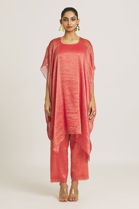 Urvashi Kaur_Coral Silk, Tissue Square Neck Stripe Woven Dress _at_Aza_Fashions