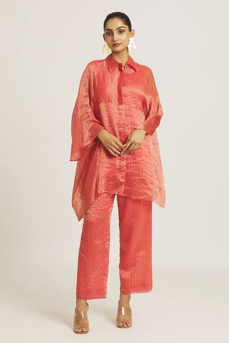 Urvashi Kaur Coral Tissue, Silk Collared Stripe Woven Shirt Online at Aza Fashions Urvashi Kaur_Coral Tissue, Silk Collared Stripe Woven Shirt _Online_at_Aza_Fashions