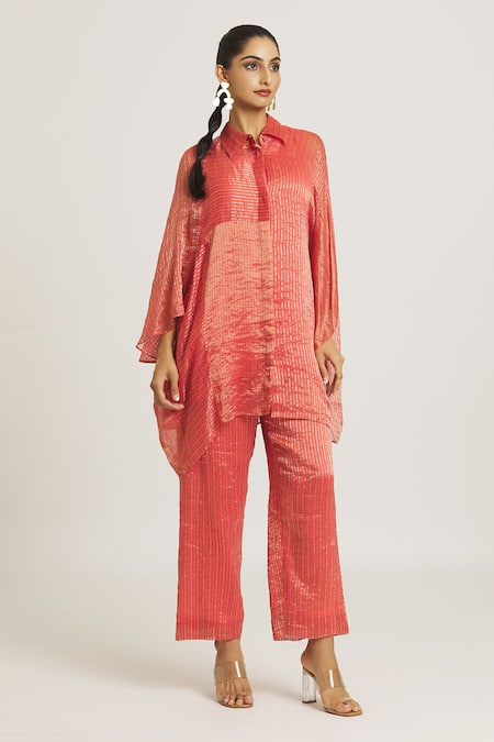 Buy Urvashi Kaur Coral Tissue, Silk Collared Stripe Woven Shirt Online at Aza Fashions Buy_Urvashi Kaur_Coral Tissue, Silk Collared Stripe Woven Shirt _Online_at_Aza_Fashions