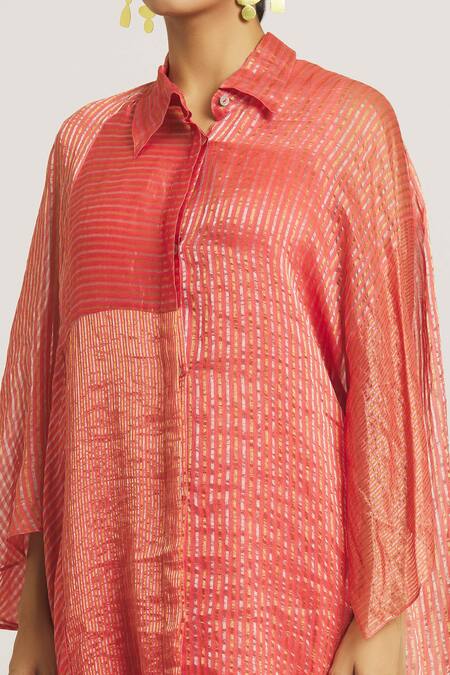 Shop Urvashi Kaur Coral Tissue, Silk Collared Stripe Woven Shirt Online at Aza Fashions Shop_Urvashi Kaur_Coral Tissue, Silk Collared Stripe Woven Shirt _Online_at_Aza_Fashions