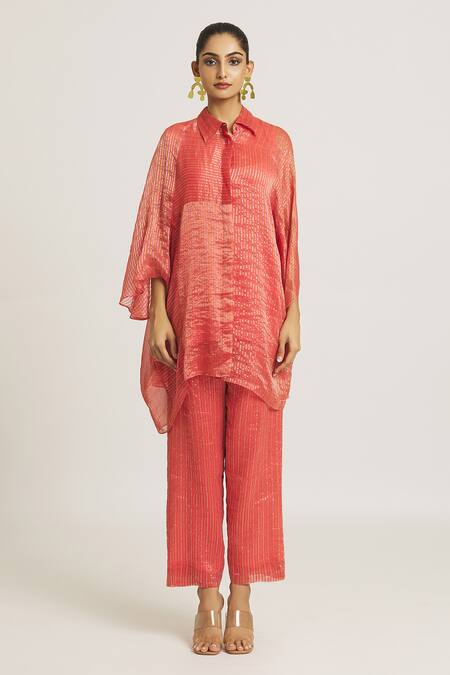 Urvashi Kaur Coral Tissue, Silk Collared Stripe Woven Shirt at Aza Fashions Urvashi Kaur_Coral Tissue, Silk Collared Stripe Woven Shirt _at_Aza_Fashions