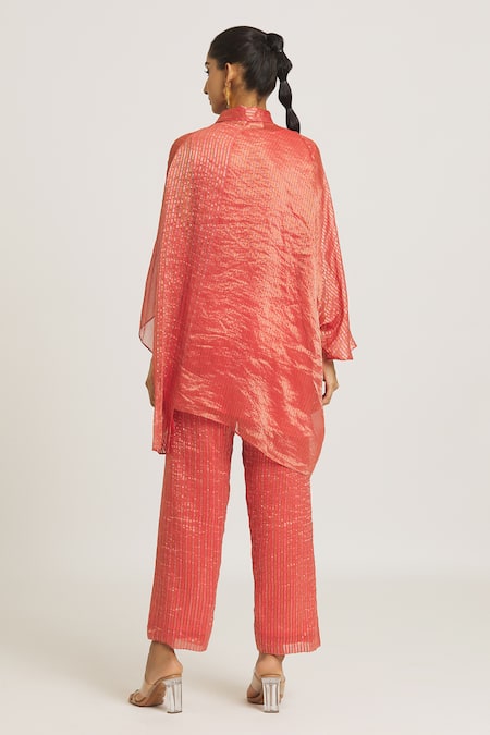 Shop Urvashi Kaur Coral Tissue, Silk Collared Stripe Woven Shirt at Aza Fashions Shop_Urvashi Kaur_Coral Tissue, Silk Collared Stripe Woven Shirt _at_Aza_Fashions