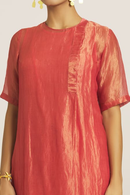 Urvashi Kaur_Coral Chanderi Silk Woven Stripe Round Tunic _Online_at_Aza_Fashions