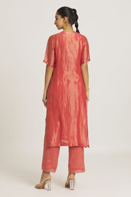 Shop_Urvashi Kaur_Coral Chanderi Silk Woven Stripe Round Tunic _at_Aza_Fashions