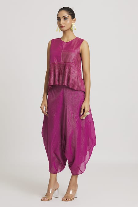 Urvashi Kaur_Fuchsia Tissue, Silk Embroidery Round Neck Stripe Woven Pleated Peplum Top _Online_at_Aza_Fashions
