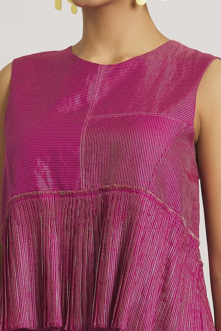 Buy_Urvashi Kaur_Fuchsia Tissue, Silk Embroidery Round Neck Stripe Woven Pleated Peplum Top _Online_at_Aza_Fashions