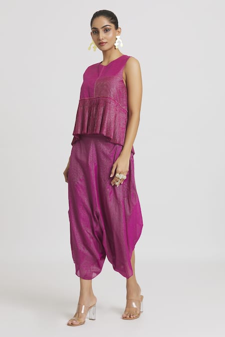 Shop_Urvashi Kaur_Fuchsia Tissue, Silk Embroidery Round Neck Stripe Woven Pleated Peplum Top _Online_at_Aza_Fashions