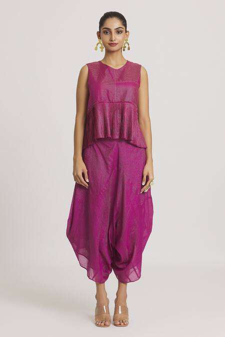 Urvashi Kaur_Fuchsia Tissue, Silk Embroidery Round Neck Stripe Woven Pleated Peplum Top _at_Aza_Fashions